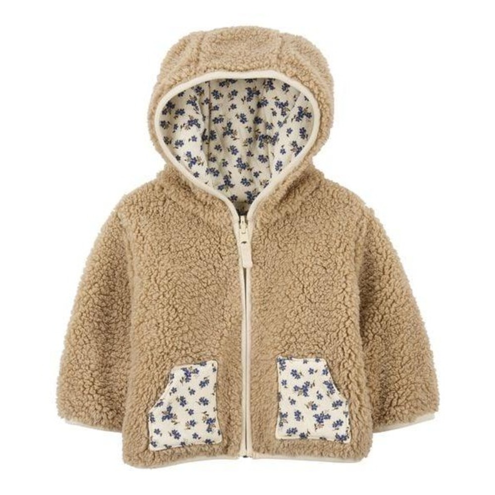 Carters Newborn Reversible Sherpa Fleece Hoodie Jacket Tan Blue Floral Zip Up